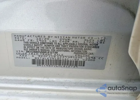 2021 Nissan Versa S z USA, uszkodzony, nr VIN 3N1CN8DV6ML812739